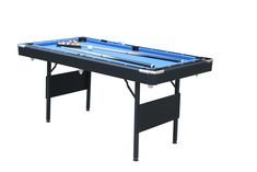 a pool table with blue cloth and cues on the top, in front of a white background