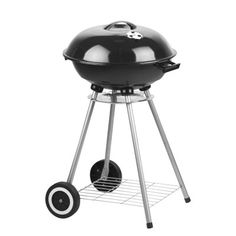 a black bbq grill with wheels on the top and bottom rack, against a white background