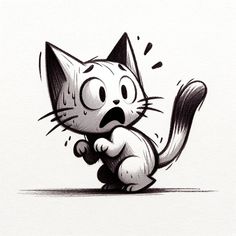 a black and white drawing of a cat with it's mouth open while running