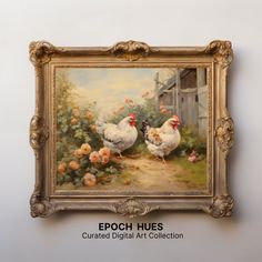 two chickens standing in front of a painting on the wall