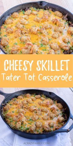 cheesy skillet tater tot casserole in a cast iron pan