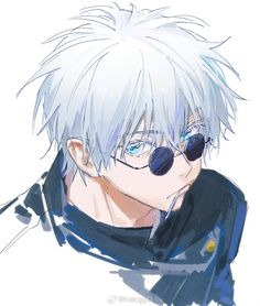 an anime character with white hair and blue eyes, wearing black eyeglasses in front of a white background