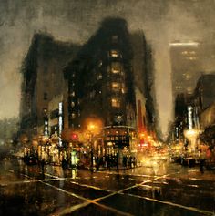 an oil painting of a city street at night with people crossing the street in the rain