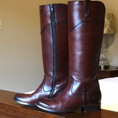 Frye Melissa Tab Tall Boots, Size 7.5. Dark Brown Color “Redwood.” Worn Only A Handful Of Times And Stored After Each Wear In Original Box. Will Ship In Original Box. Frye Melissa Boots, Dark Brown Color, Frye Shoes, Tall Boots, Brown Color, Rain Boots, Dark Brown, Original Box, Size 7