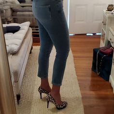 28" Long 10" Rise 14.5" Waist Apprx. Very Flattering, Versatile, Stretchy, But Not Too Much. These Will Maintain Shape. I Am 5'9 With A High Waist. Fitted Blue Jeans For Business Casual, Blue Business Casual Jeans, Elegant Blue Denim Jeans, Elegant Mid-rise Blue Jeans, Paige Jeans, Too Much, High Waist, Straight Leg, Color Blue