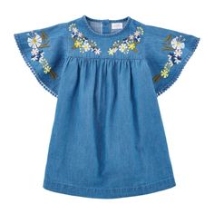 Brand New With Tags Toddler Girl Blue Embroidered Chambray Dress By Mud Pie 100% Cotton Chambray Dress Features Embroidered Neckline And Ruffle Sleeves. Turn Inside Out Machine Wash Cold With Like Colors, No Bleach Embroidery On Dresses, Blouse Inspiration, Denim Chambray Dress, Iron On Embroidery, Sleeves Style, Unique Dress, Princess Dresses, Kids Dresses, Embroidered Neckline