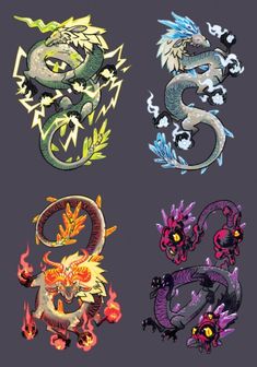 four different colored dragon designs on a black background