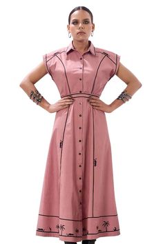 Dusty pink button down shirt dress with contrast piping and applique embroidery. - Aza Fashions Chic Pink Cotton Shirt Dress, Elegant Pink Cotton Shirt Dress, Collared Pink Shirt Dress For Workwear, Pink Button Closure Shirt Dress For Work, Pink Shirt Dress With Button Closure For Work, Pink Cotton Dresses With Button Closure, Collared Pink Shirt Dress With Button Closure, Pink Collared Shirt Dress With Buttons, Pink Collared Shirt Dress With Button Closure