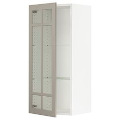 a white cabinet with glass doors and shelves