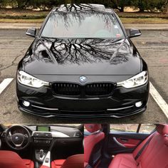 the front and side view of a black car with red seats