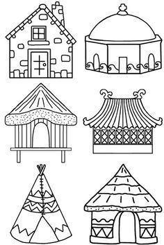 different types of houses and tents are shown in this coloring page for children to color