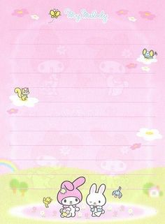 a pink stationery with an image of two rabbits on the ground and butterflies in the sky