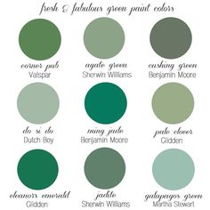 some green paint colors that are all in different shapes and sizes, with the names on them