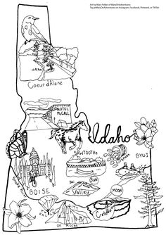 a black and white outline map of the state of idaho with all its capital cities