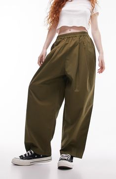 Topshop Pleated Cotton Balloon Pants | Nordstrom Wu Wear, Joni Jeans, Trouser Outfit, Basket Noir, Balloon Pants, Twill Pants, Pantalon Large, Khaki Green, Comfy Outfits