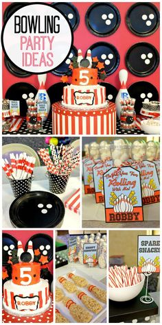 bowling birthday party with red and white striped cake, candy bar, cupcakes and plates