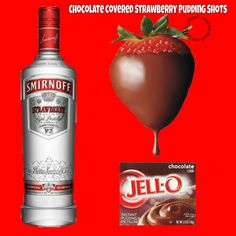 chocolate covered strawberry puddinging shots and a bottle of jello on a red background