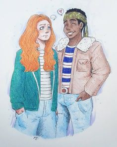 a drawing of two people standing next to each other