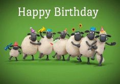 a group of sheep with party hats and streamers in front of a green background