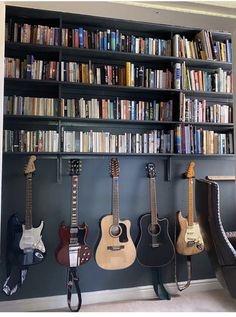 guitars are lined up in front of a bookshelf