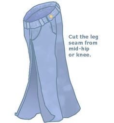 a blue pants with the words cut the leg seam from mid - hip or knee