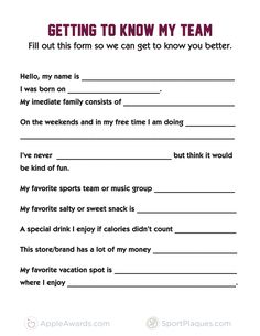 a printable worksheet for getting to know my team, with the words on it