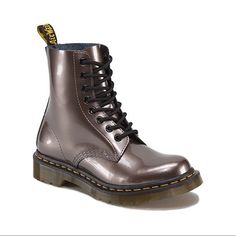 Dr Martens Pascal 8 Eye Boot In Spectra Patent Pewter Rare Metallic Gray, Gunmetal, Metalic Silver 8 Eyelet Round Toe Lace Up Signature Iconic Yellow Stitching Scripted Heel Loop Spectra Patent Leather ( High Shine Leather With Metallic Finish) Air-Cushioned Soles Docs, Doc Marten, Dm, Martins Grunge Great Used Condition Color Of The Boots Hides Signs Of Wear Well Rare, Hard To Find, Discontinued Color Way Keywords: Trendy, Chic, Statement, Femme, Effortless, Edgy, Artsy, Eccentric, Street Wear, Street Style, Hype Beast, Gorpcore, Outdoors, Influencer, Blogger, Vlogger, Timeless, Capsule, Staple, Boho, Hippie, Gypsy, Indie, Grunge, Alternative, Hipster, Skater, E Girl, Emo, Rocker, Goth, Silver Shiny Boots With Round Toe, Dr Martens Pascal, Girl Emo, Doc Martens Women, Dr Martens 1460 Pascal, Hype Beast, Doc Marten, Indie Grunge, E Girl