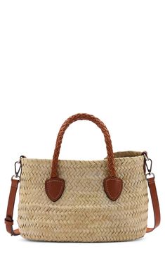 Coconut-palm straw is woven to form this lightly structured tote that's topped with braided-leather shoulder straps for chic, effortless carry. Magnetic closure Top carry handles; removable, adjustable shoulder strap Unlined Coconut-palm straw with leather trim Imported Casual Natural Satchel With Top Handle, Summer Woven Leather Top Handle Bag, Vacation Shoulder Bag With Intrecciato Weave And Double Handle, Casual Straw Bag With Braided Double Handles, Casual Braided Straw Bag With Double Handle, Spring Braided Straw Shopping Bag, Casual Double Handle Braided Straw Bag, Spring Braided Straw Bag, Natural Double Handle Braided Shoulder Bag