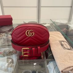 Gucci Marmont Red Belt Bag Gucci Red Bag With Removable Pouch, Gucci Red Shoulder Bag With Removable Pouch, Luxury Red Gucci Bag, Gucci Marmont Belt, Bags Gucci, Gucci Marmont, Red Belt, Gucci Bags, Belt Bag