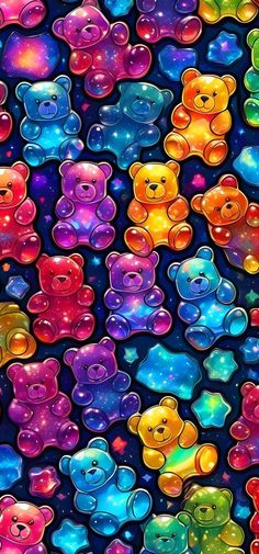 many multicolored teddy bears are grouped together in the same pattern as one another