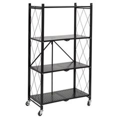 a black shelf with four shelves on wheels