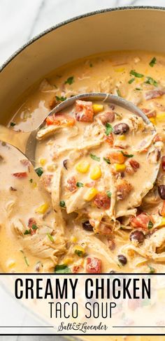 a ladle of soup with text overlay that reads creamy chicken taco soup Creamy Chicken Taco Soup, Chicken Taco Soup Recipe, Chicken Soups, Taco Soup Recipe, Pantry Ingredients, Chicken Taco Soup, Tasty Chicken, Chicken Taco, Taco Soup