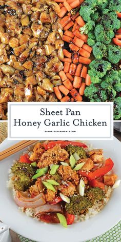 a plate with chicken, broccoli and carrots next to the words sheet pan honey garlic chicken