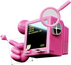 a pink machine with a magnifying glass on it's face and hands