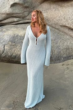 Kayleigh Crochet Fishtail Flare Sleeve Maxi Dress - Arctic Blue - MESHKI U.S Dress With Flared Sleeves, Dresses Date Night, Crochet Maxi Dress, Plain Outfits, Flare Sleeve Dress, Crochet Maxi, Arctic Blue, Vetements T Shirt, Black Wedding Dresses