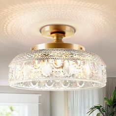 a chandelier hanging from the ceiling in a living room with a potted plant