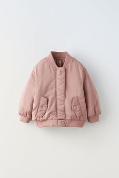 SATEEN BOMBER JACKET - Pink | ZARA United States Casual Pea Coat With Stand Collar And Pockets, Casual Stand Collar Pea Coat With Pockets, Winter Outerwear With Button Cuffs In Solid Color, Solid Winter Outerwear With Button Cuffs, Winter Outerwear With Button Cuffs, Winter Outerwear With Buttoned Pockets And Stand Collar, Stand Collar Outerwear With Button Closure For Cold Weather, Solid Outerwear With Button Closure For Cold Weather, Winter Outerwear With Snap Buttons And Stand Collar