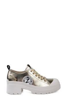 A ridged platform and extended toe cap add modern charm to this canvas lace-up sneaker finished with gleaming eyelets and a signature patch. 2" heel; 1" platform Textile upper/leather lining/synthetic sole Imported Gold Low-top Platform Sneakers, Low-top Platform Sneakers With Metallic Logo, Platform Sneaker, Womens Sneakers, Gold Metal, Nordstrom, Lace Up, Luxury Fashion, Heels