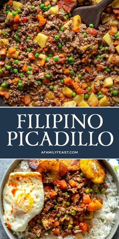 a close up of a plate of food with rice and vegetables on it, and the words flipping picadillo above