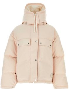 light pink cotton blend GG Supreme canvas quilted padded design logo patch to the front detachable drawstring hood high neck front press-stud and zip fastening drop shoulder long sleeves with press-stud fastening cuffs two chest flap pockets two side zip-fastening pockets internal zip-fastening pockets drawstring hem full lining Casual Gucci Outerwear With Drawstring Hood, Gucci Long Sleeve Outerwear With Drawstring Hood, Gucci Outerwear With Drawstring Hood For Fall, Gucci Winter Outerwear With Drawstring Hood, Gucci Hooded Outerwear With Drawstring, Gucci Spring Streetwear Outerwear, Beige Gucci Outerwear For Winter, Hooded Cotton Puffer Jacket With Padded Collar, Gucci Cotton Outerwear For Spring