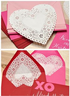 valentine's day card made with crochet doily and heart cutouts