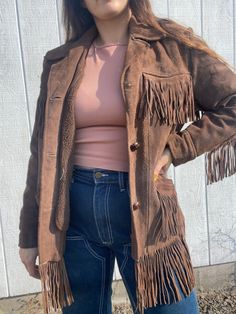 Super awesome vintage double lined leather jacket with fringe. Has extra liner on inside that can be removable. Top button is off but I still have it so it can be sewed back on. In amazing shape other then that. . Fits S . Measurements: Pit-Pit - 19" Length -26" Leather Jacket With Fringe, Lined Leather Jacket, Vintage Fringe, Fringe Leather Jacket, Gender Neutral, Bathing Beauties, Jackets & Coats, Leather Jacket, Adult Outfits