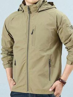 1pc Men's Outdoor Windbreaker Jacket, Multi-Pocket Khaki Hooded Sportswear Coat Khaki   Long Sleeve Woven Fabric Letter,Plain None Non-Stretch  Men Outdoor Apparel, size features are:Bust: ,Length: ,Sleeve Length: Cardigan Rosa, Wind Jacket, Winter Jacket Men, Outdoor Men, Khaki Color, Shell Jacket, Mens Casual Outfits, Outdoor Apparel, Windbreaker Jacket