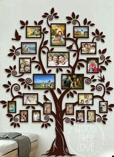 a family tree with many pictures hanging on it's sides and the words wood tree love