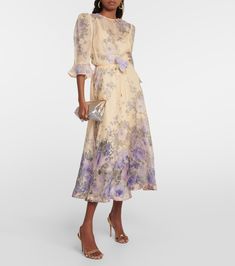 Lyrical silk linen midi dress in beige - Zimmermann | Mytheresa Midi Dress Blue, Zimmermann Dress, Linen Midi Dress, Silk Linen, Blue Floral Print, Gathered Skirt, Midi Dress With Sleeves, Blue Midi Dress, Three Quarter Sleeves