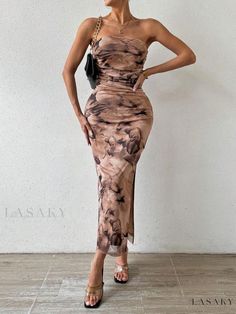 Lasaky - One-Shoulder Satin Maxi Dress with Backless Design, Sleeveless, High Slit Hem, and Color-Blocked Floral Print Split Thigh Dress, Terry Cloth Dress, Dress Shirt Sleeves, Backless Design, Easy Trendy Outfits, Satin Maxi, Satin Maxi Dress, Moda Vintage, Women Maxi