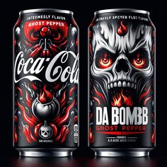 two cans of coca - cola with skulls and flames on the side, one is red