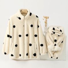 Stay warm and fashionable this winter with our polka dot pajama set, featuring a stylish coat-like top and cozy pockets, made from soft, thick fleece for ultimate comfort during cold nights. Winter Sleepwear With Pockets For Loungewear, Winter Fleece Sleepwear With Long Sleeves, Winter Fleece Sleepwear, Winter Sleepwear With Pockets, Winter Fleece Long Sleeve Sleepwear, Casual Sleepwear With Pockets For Winter, Casual Winter Sleepwear With Pockets, Cozy Sleepwear With Pockets For Fall, White Winter Sleepwear