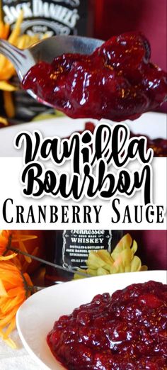 cranberry sauce on a white plate with flowers in the background and text overlay that reads vanilla bourbon cranberry sauce