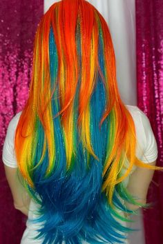 Blue Hair With Rainbow Highlights, Multi Colored Hair Ideas, Vivid Color Hair, Oil Spill Hair, Colourful Wigs, Holiday Hair Color, Misty Dawn, Sassy Women